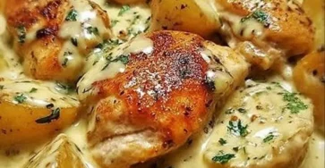 Pollo con Patatas en Salsa de Queso, un plato delicioso y fácil de preparar.